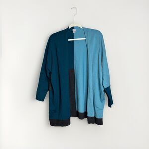 Chicos Cool Colorblock Cardigan Sweater Size L/XL Open Front Striking Teal
